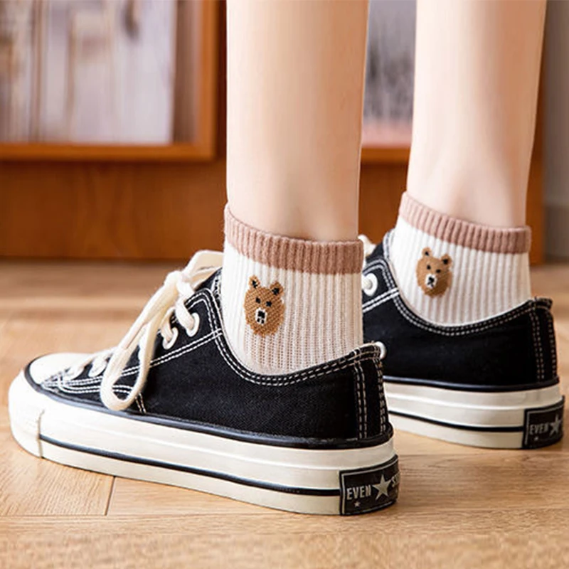 10 Pairs Cartoon Animal Print Short  Socks For Women Cotton Summer Cute Bear Ankle Socks Set Funny Korean Style Thin Breathable
