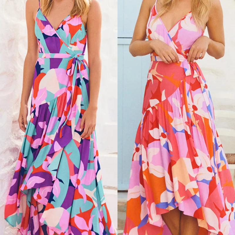 

Daily Casual Women's Dress 2023 Spring and Summer Fashion New Sweet Vacation Style Sexy V-Neck Strap Print Party Women's Dress