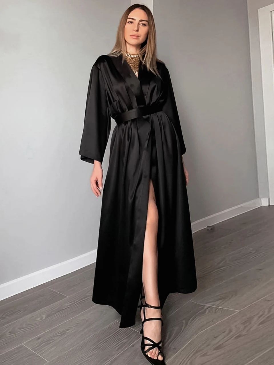 

Linad Black Loose Women's Dressing Gown V-Neck Robes Women Long Sleeves Pajamas Ankle-Length Bathrobe Female Solid Satin Pijama
