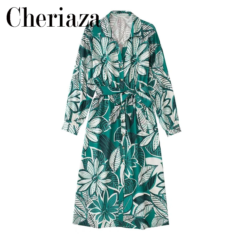 

Женское платье-рубашка средней длины, винтажное платье на пуговицах с поясом, рукавом три четверти и принтом, 2022