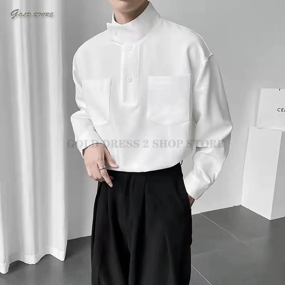New Half-high Collar Solid Color Long Sleeve Shirt For Men Design Niche Luxury Korean Clothes Casual Loose Pullover Shirt