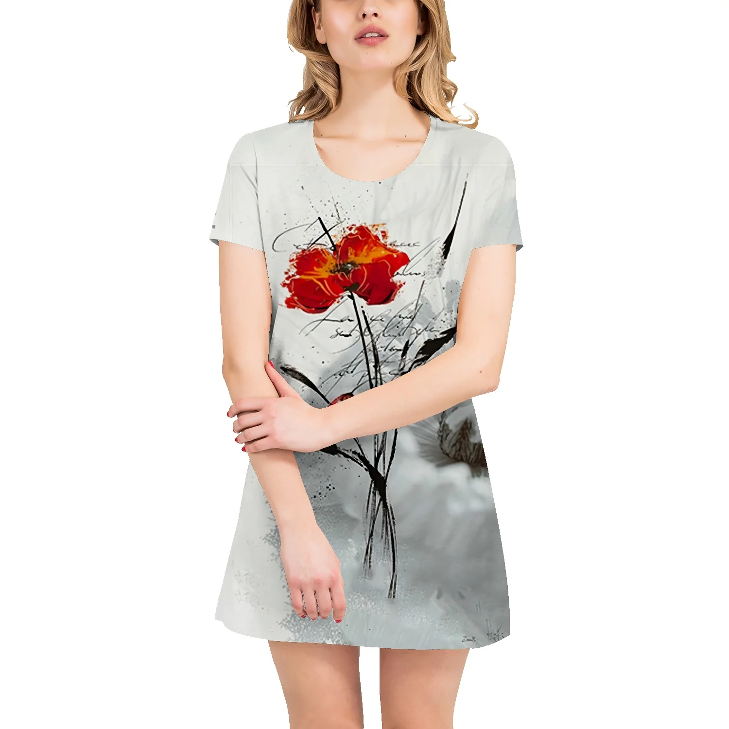 

Женское летнее Хлопковое платье-футболка средней длины с коротким рукавом и 3D-принтом листьев