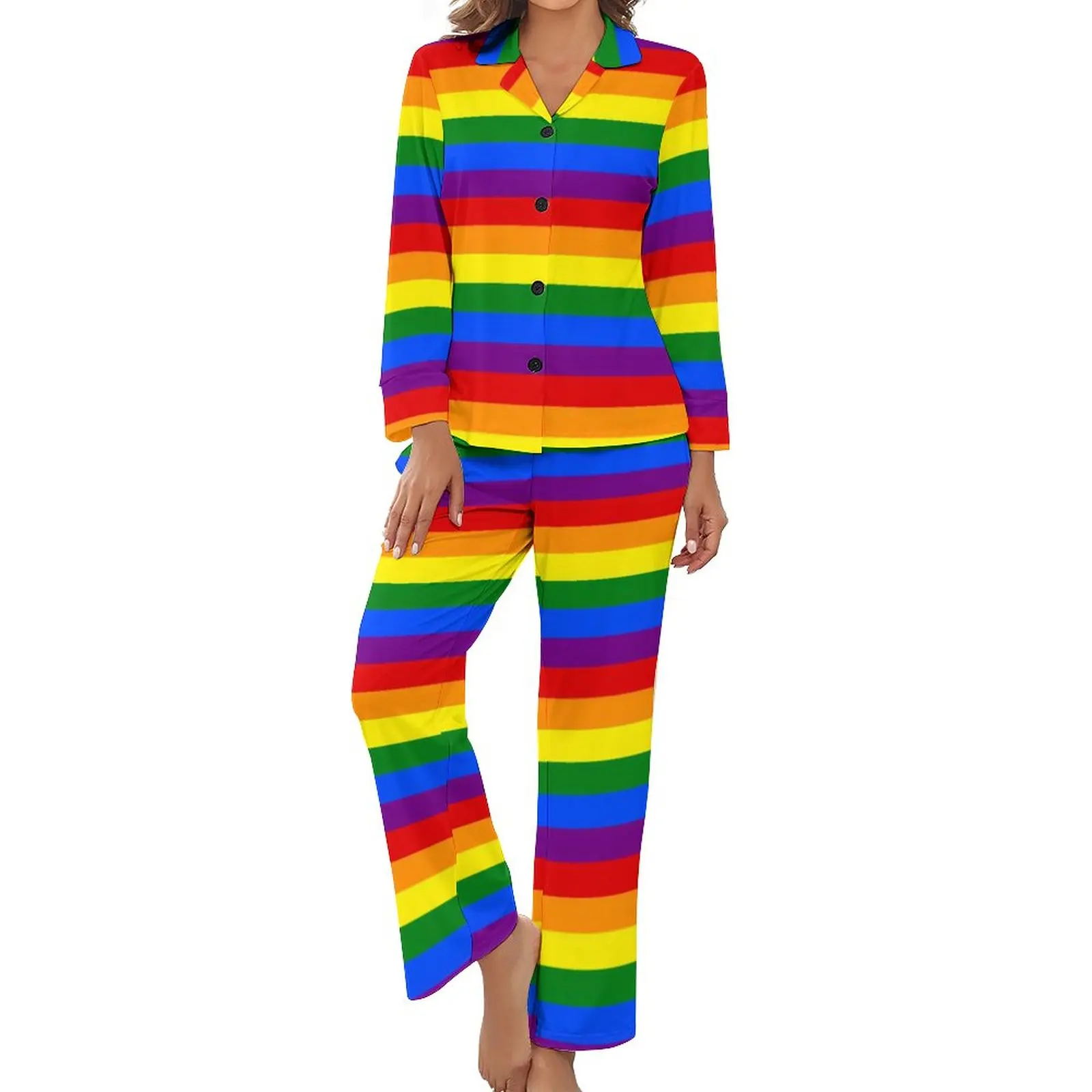 

Colorful Rainbow Flag Pajamas Woman Gay Pride LGBT Modern Fashion Sleepwear Long-Sleeve 2 Pieces Leisure V Neck Pajama Sets