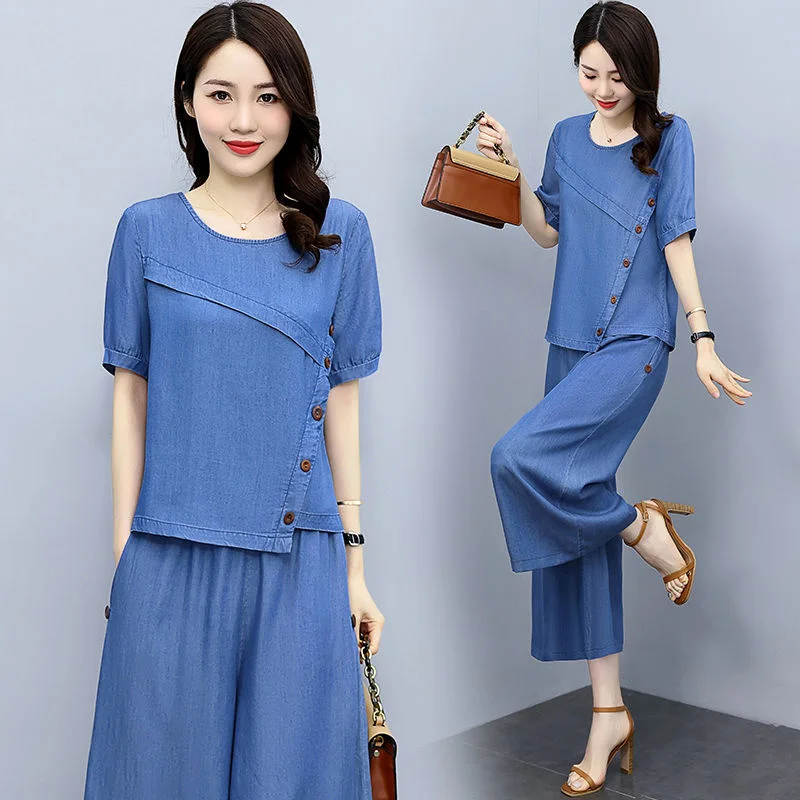 Women's Casual Denim Suit 2022 Summer New Korean Thin Slim Fashion Crop Top And Wide Leg Pants 2 Two Piece Set For Women Clothes
