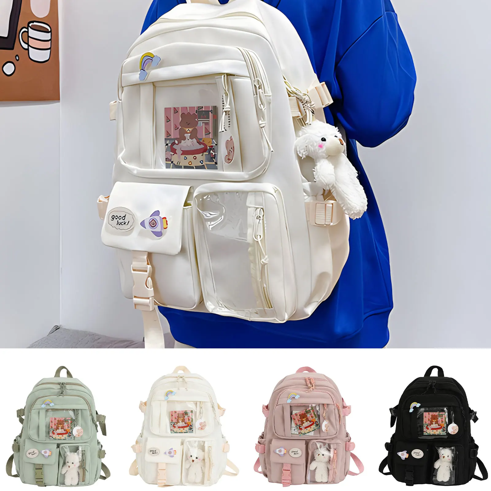 

Kawaii School Backpack Nylon Women's Backpack Cute Laptop Knapsack with Giveaways Bear Plush and Pins Accessories for Teen Girls