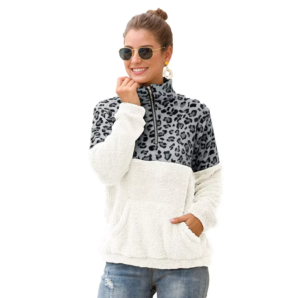 

2023New Fleece Sweatshirt Winter Casual Faux Fur Leopard Patchwork Fluffly Female Hoodies Warm Turtleneck Zipper Thick Sherpa To