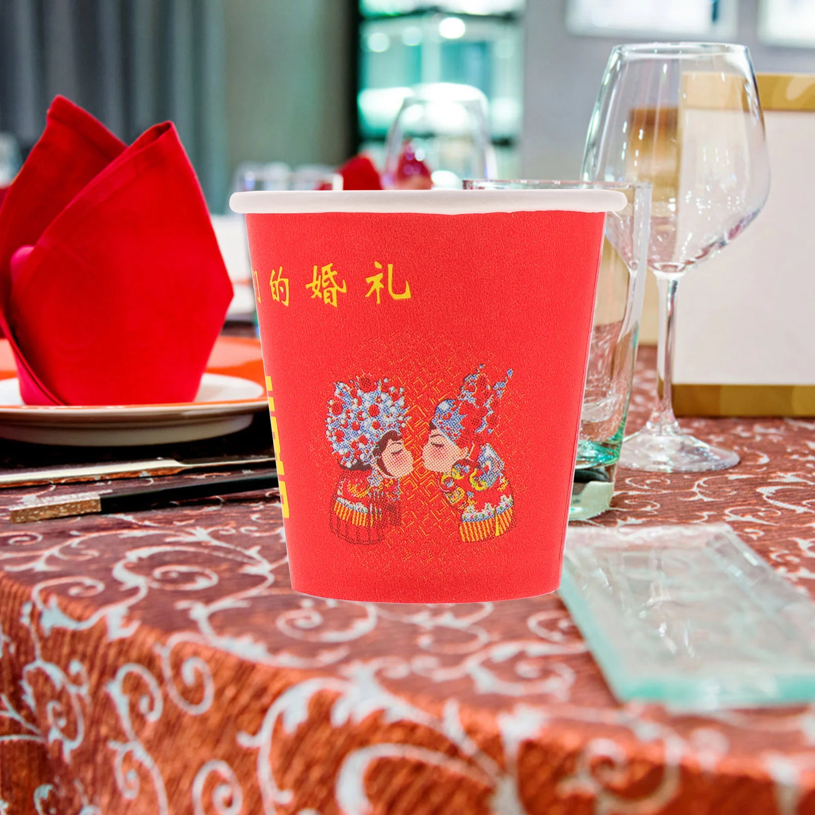 

100 Pcs Wedding Stuff Beverage Container Paper Cups Ice Cream Shot Glass Red Double Happiness
