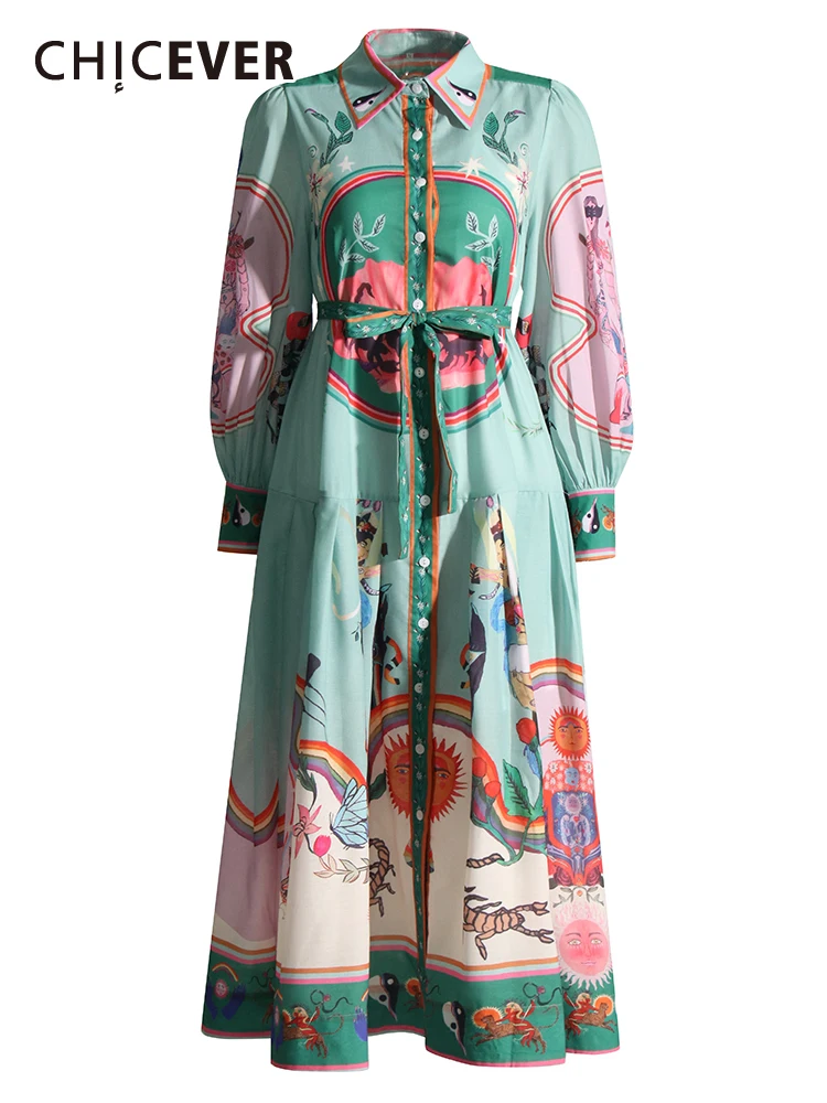 

CHICEVER Vintage Printing Midi Dress For Women Lapel Puff Sleeve Single Breasted High Waist Elegant Colorblock Dresses Female