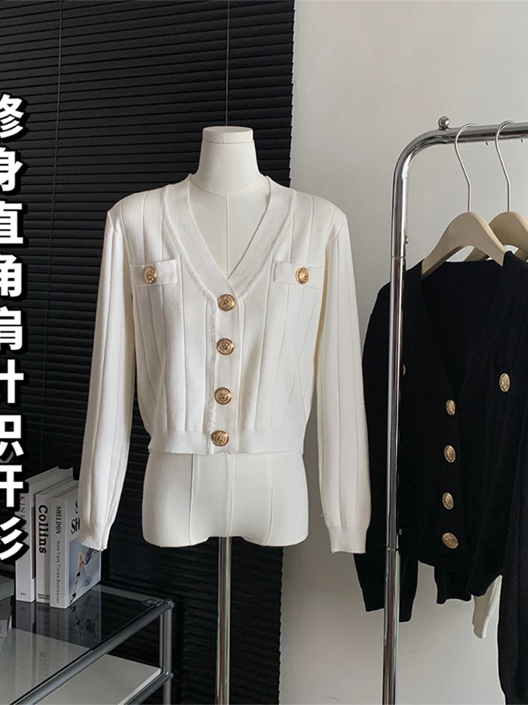 

Women Autumn Winter Black White Solid Color Slim Crop Knitwear Retro Button V-neck Long Sleeve Knit Cardigan Sweater Office Lady