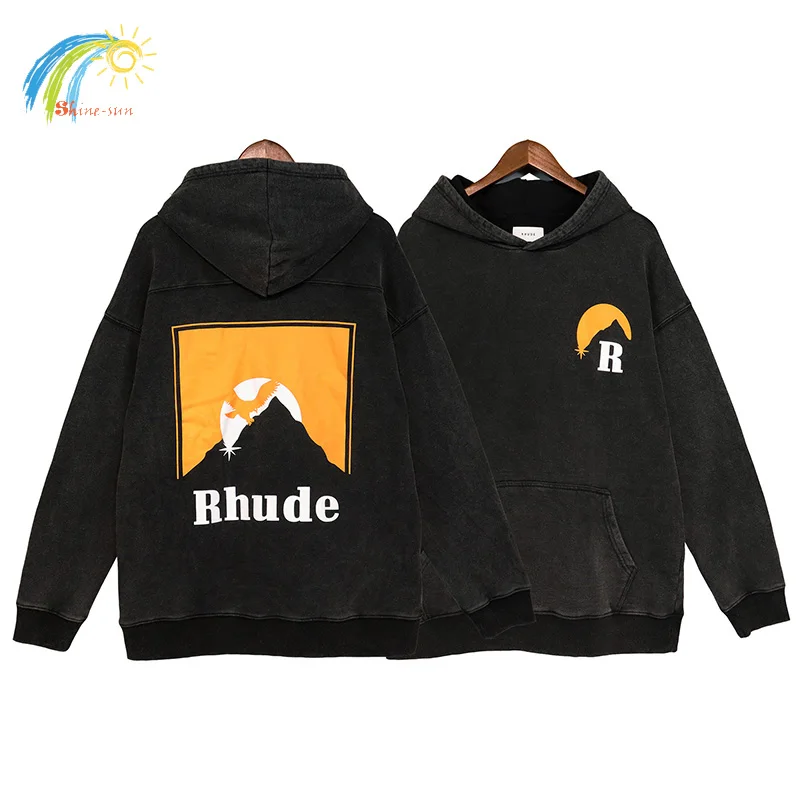 

Moonlight Eagle Print Rhude Hoodie Men Women High Quality Streetwear Oversized Vintage Sweatshirts Washed Black Sunset Pullovers