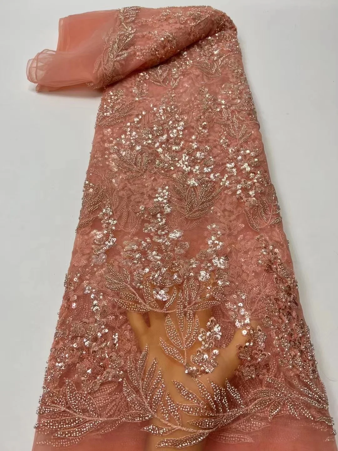 

Peach New Arrival Beaded Lace Fabric High Quality African Soft Beads Lace French Tulle Net Lace for Nigeria Wedding