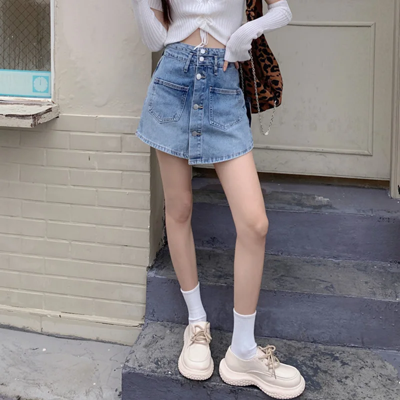 S-5XL New Women Denim Shorts Skirts Summer Fashion Single Breasted Design High Waist Jeans Shorts Casual Plus Size A-Line Skirt