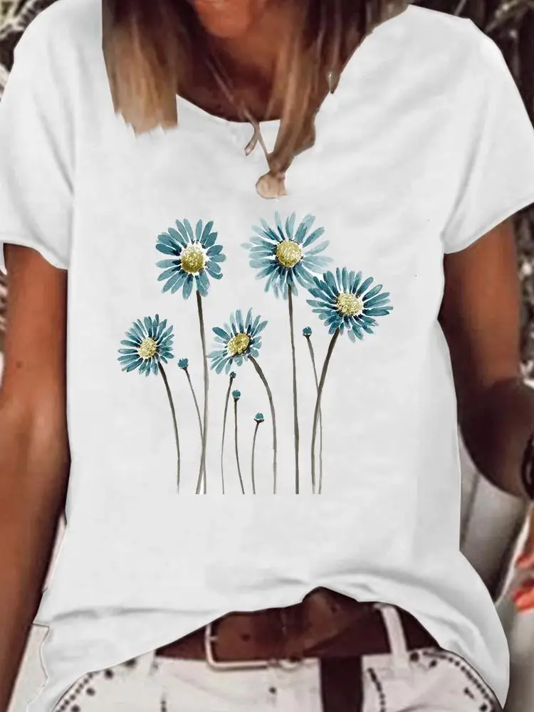 

Print T Shirt Short Sleeve Clothes Summer Fashion Women Clothing Watercolor Flower Floral Graphic T-shirt Kawaii Basic Tee Top