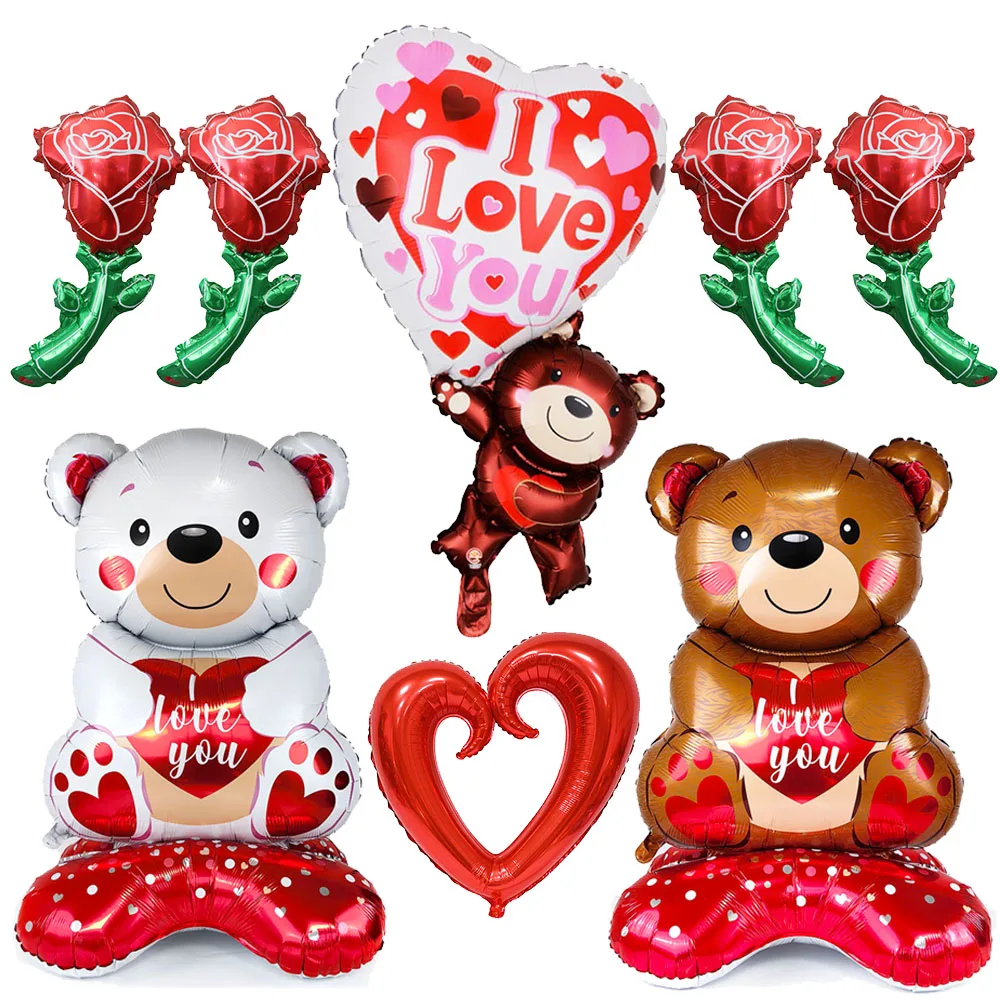Большие стоячие воздушные шары с медведем розовым сердечком День святого