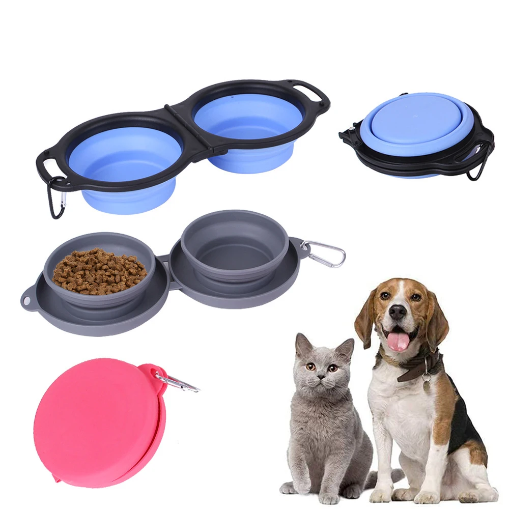

Rubber Dog Bowls Portable Foldable Pet Feeding Double Bowl with Carabiner Clip Outdoor Travel Water and Feeding Bowl