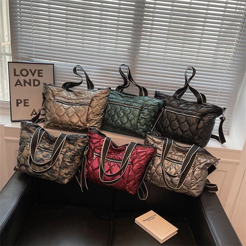 

2022 Winter Casual Women's Space Tote Bag Quilted Down Fabric Padded Shoulder Crossbody Bags High Capacity Lady Shopper Handbags
