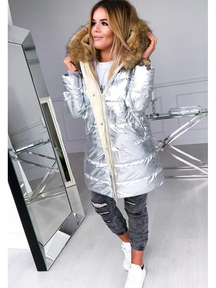 Casual Keep Warm Parkas Outwear Women Solid Color Glossy Zipper Fur Collar Overcoats Jackets Coat Outwear Parkas Coats
