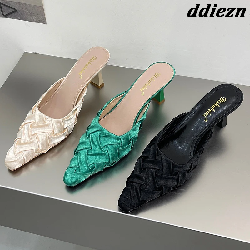 

Новинка 2023, модные женские туфли-лодочки с переплетением, женские мюли на тонком каблуке, шлепанцы, сланцы, роскошные женские повседневные уличные сандалии с переплетением