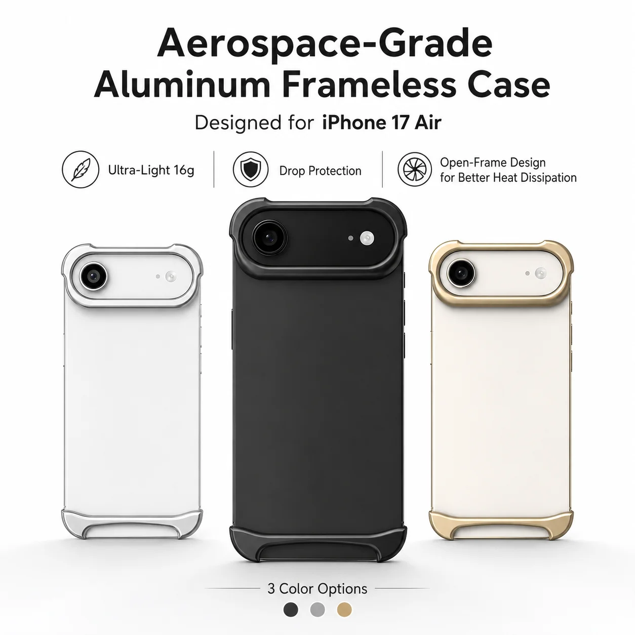 Фото Чехол для iPhone 17 Pro Max / Air 17Pro из 100% алюминия и каучука SEBS, безрамочный, с теплоотводом №1
