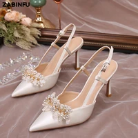 luxury women pumps silk pointed toe slingback thin heels designer replaceable accessories ladies heel shoes wedding shoes bride