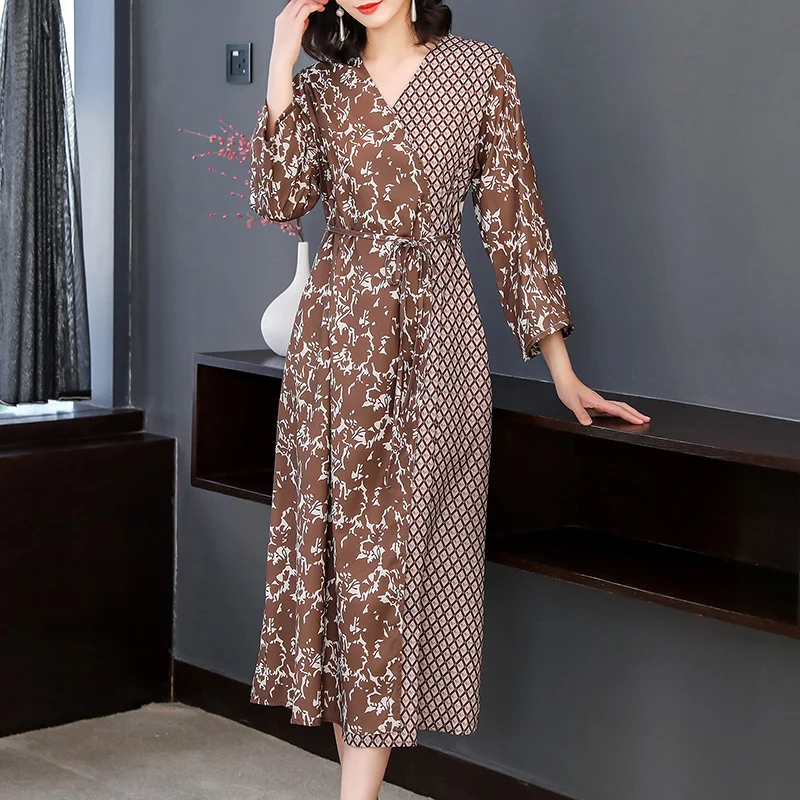

Spring Summer Long Sleeve Print Natural Silk Midi Dress Women Korean Casual Party Dress 2022 Elegant Bodycon Office Lady Dress