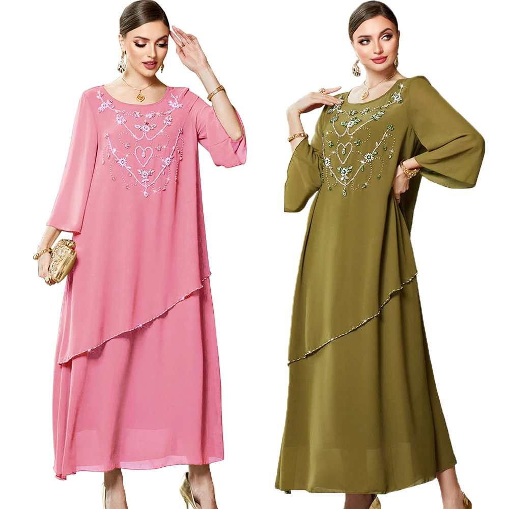 

Women's Dresses Luxury Floral Rhinestone Belted Kaftan Double Layer Chiffon Flare Sleeve Party Evening Dress Spring 2023 Ramadan