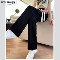2022 summer autumn silk satin womens pants loose classic black straight high waist casual korean wide leg trousers for women
