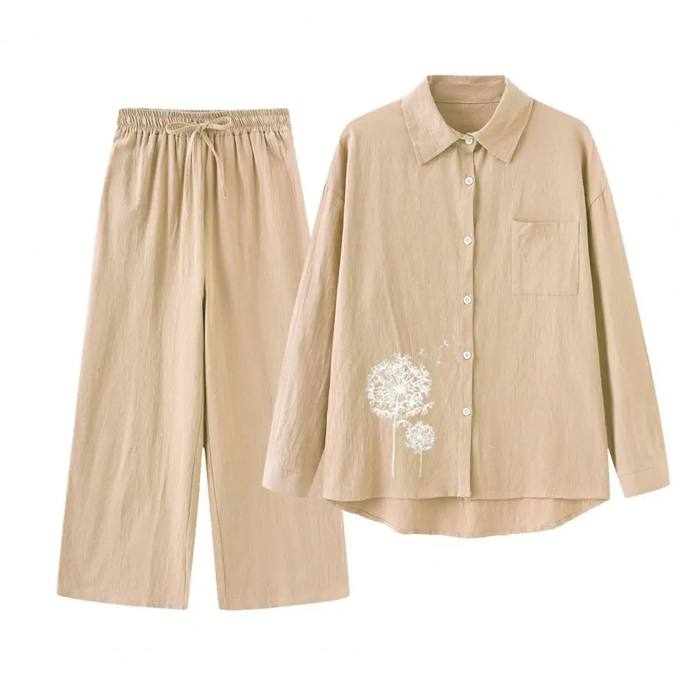 

Women Shirt Pants Set Dandelion Print Lapel Shirt Pants Set Loose Spring Fall Top Trousers with Wide Leg Elastic Waist 2 Pcs/set