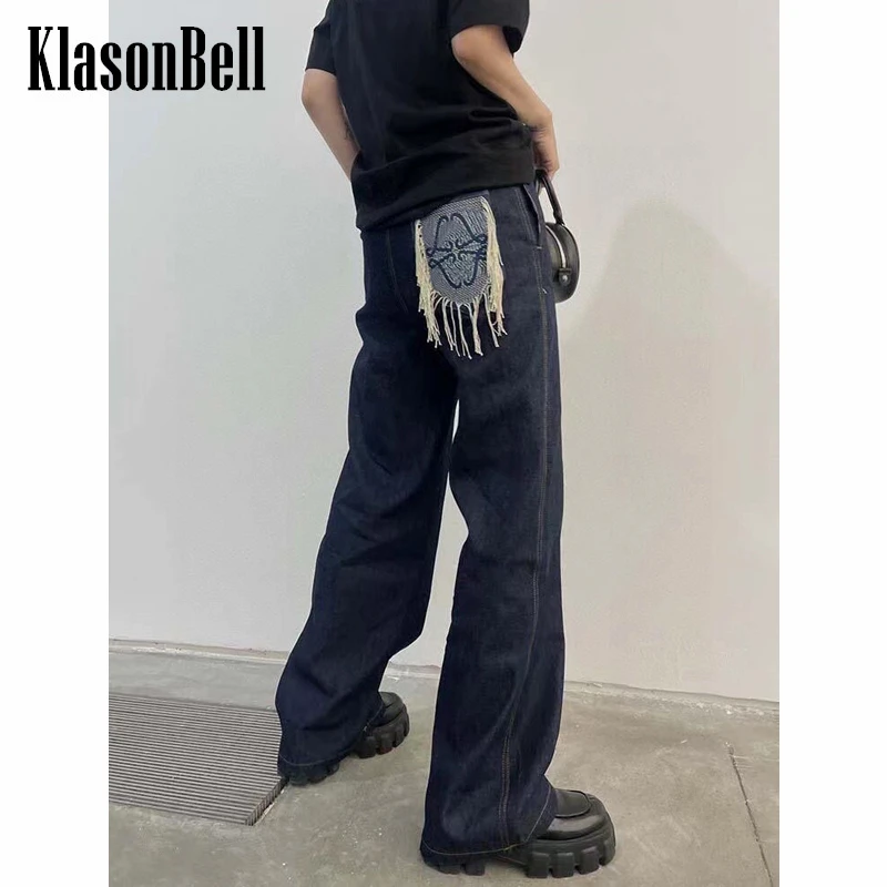

9.22 KlasonBell Drawstring Washed Back Pocket Tassel Embroidery Design Casual Fashion Straight Jeans Women