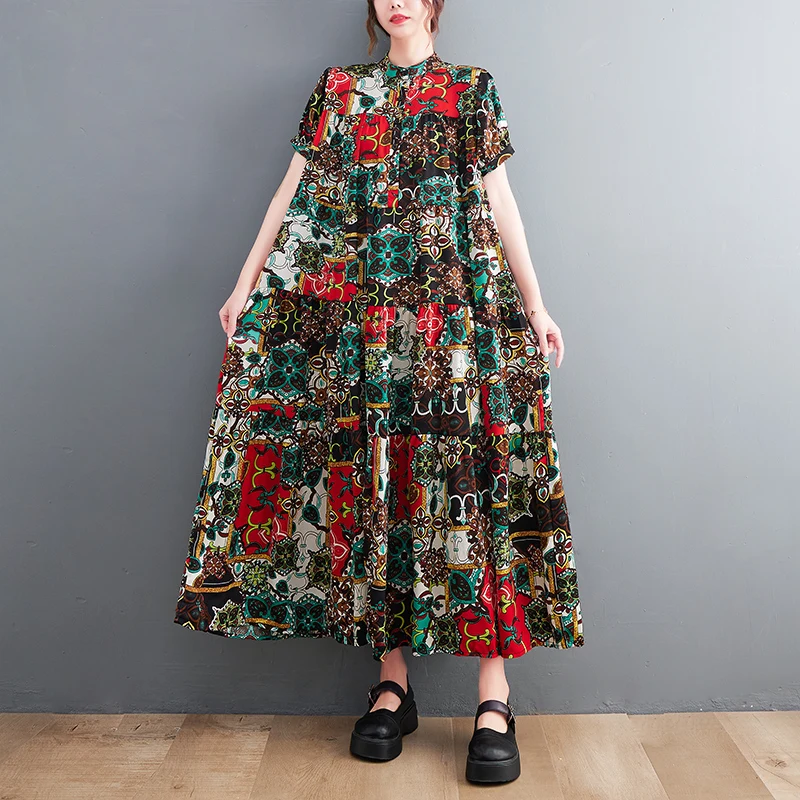 

SuperAen Women's 2022 Summer Dress New Fashion Retro Style Korean Chiffon Print Big Swing Long Shirt Dress