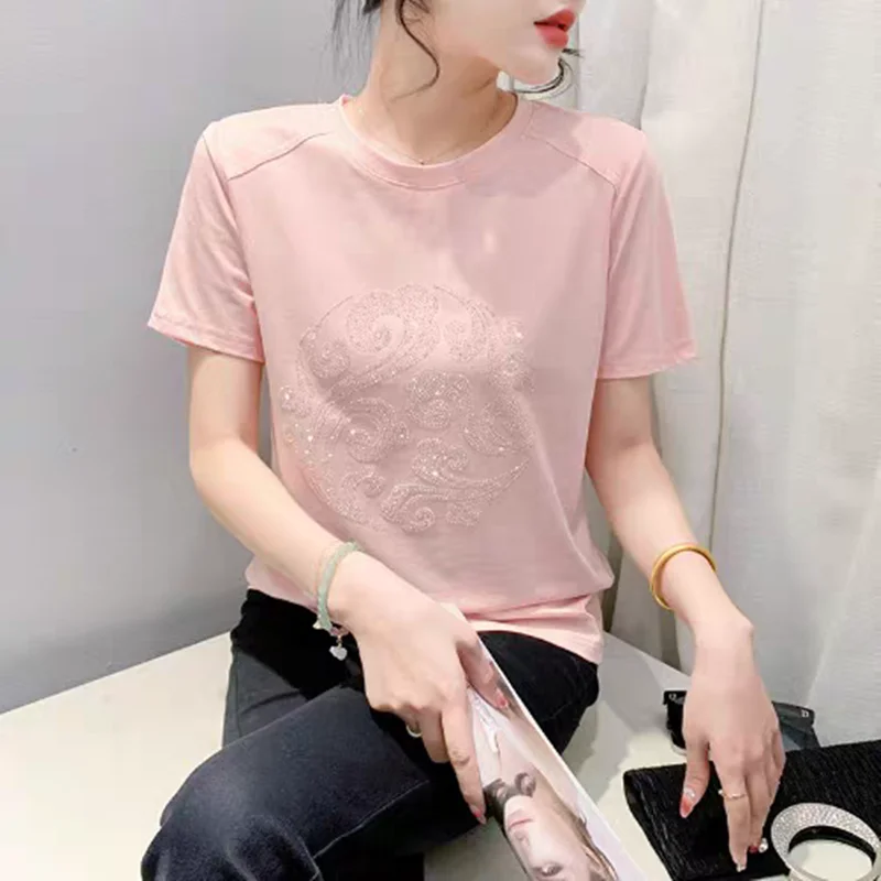 Женская хлопковая Футболка со стразами Повседневная Свободная Блестящая