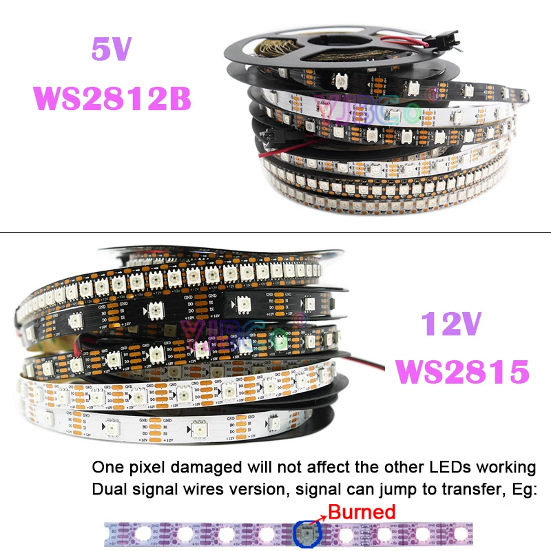 DC 5V 12V WS2812B LED Strip WS2815 addressable dual signal 5050 RGB Light Tape WS2812 IC 30/60/144 pixels/m Magic color LED bar