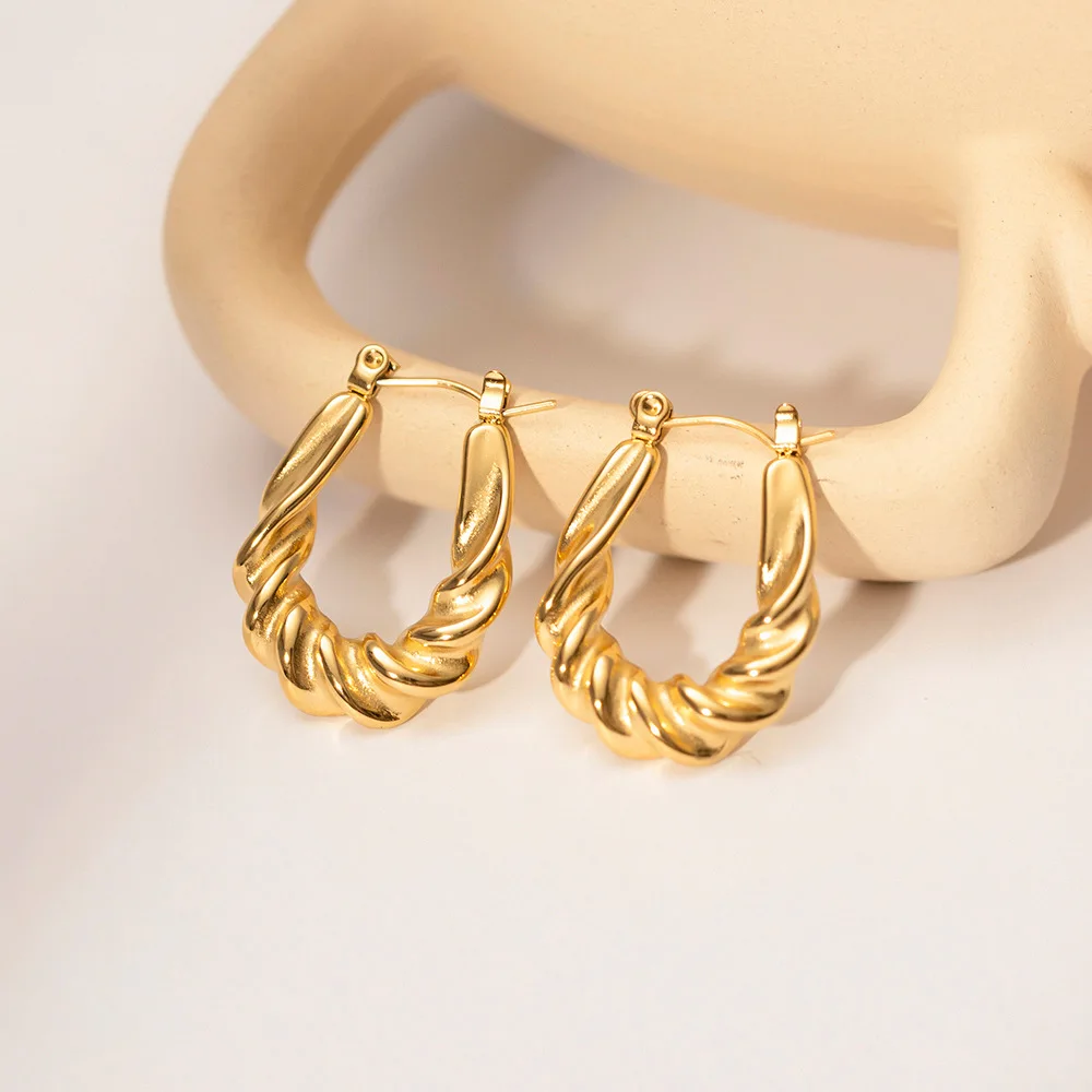 

French Vintage Twist Metal Earrings Stainless Steel Golden Texture Minimalist Unusual Hoop Earrings for Women