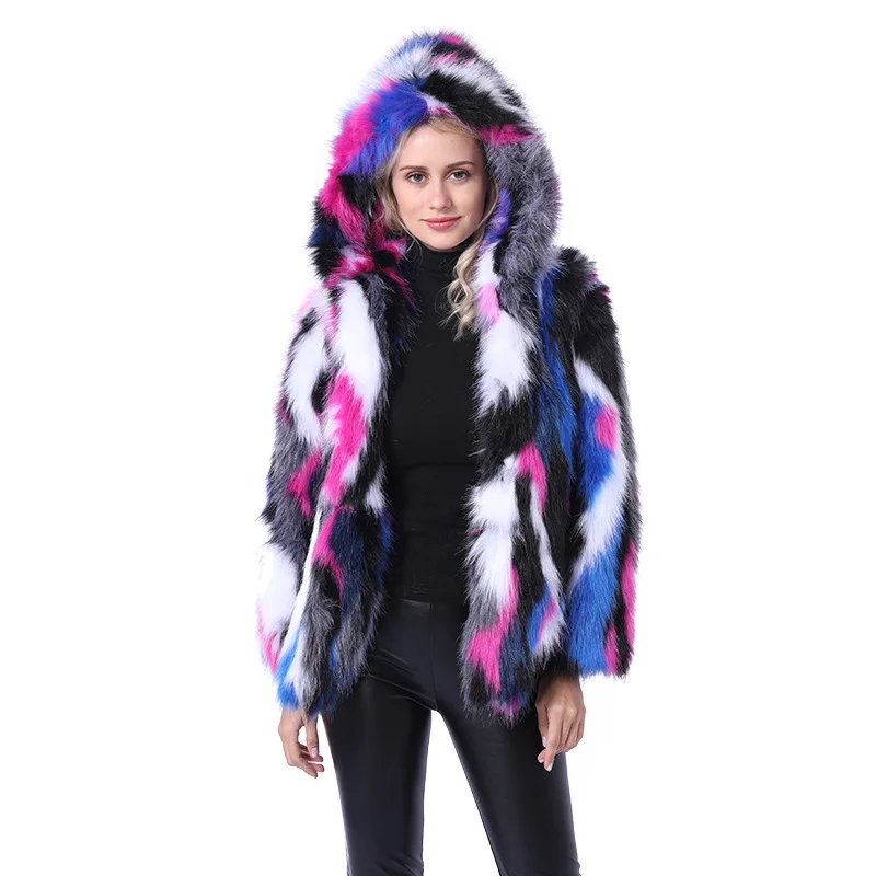 Women's Fur Jacket Mid-Length Fox Fur Colored Mosaic Fur Coat Female Furry Coat Female Faux Fur Coat