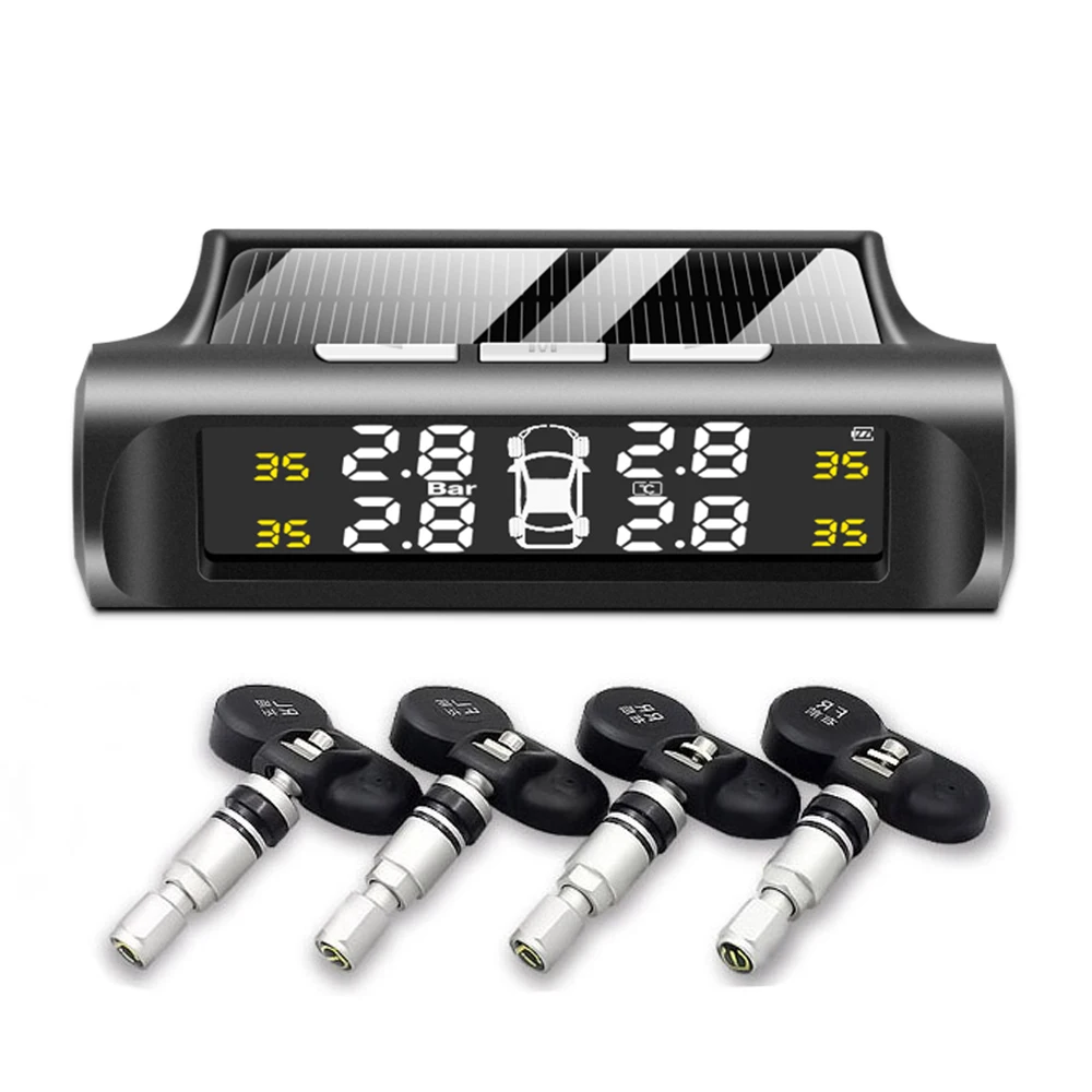 Фото Система контроля давления в шинах (TPMS) с солнечной зарядкой, HD цифровым LCD-дисплеем, автоматической сигнализацией и беспроводными внешними датчиками. №5