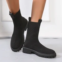 2022 large size european and american elastic knitted short martin boots womens fashion flying knitted black womens boots