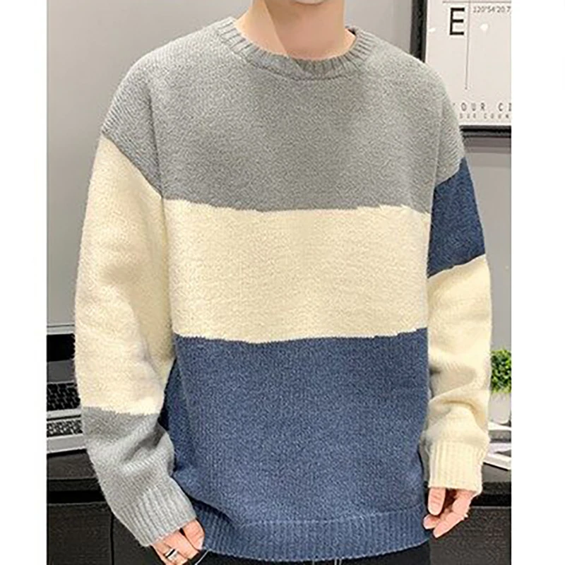 Casual Men's Sweater Round-Neck Striped Slim Fit Knittwear Mens Tops Soft Winter Pullover Cotton Warm Solid Men Knitted Sweaters