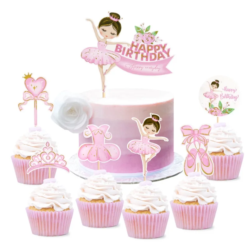 

Ballerina Girl Cake Topper Toppers Crown Dress Kids Happy Birthday Wedding Party Baby Shower Baking Cake Dessert DIY Decor Pink
