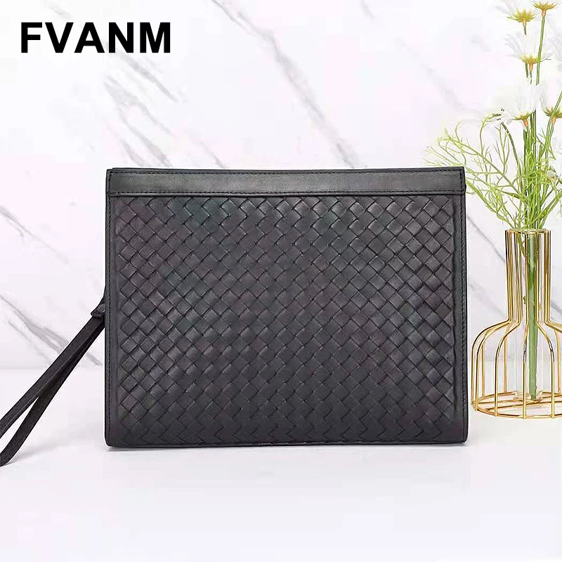 High Quality Men's Cowhide Hand-Woven Zipper Handbag Large Capacity Business Casual Fashion All-Matching Clutch Bag Luxury Brand