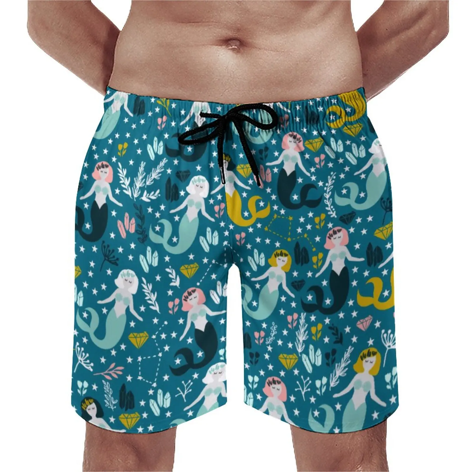

Шорты пляжные с принтом «Русалка», милые короткие штаны для бега и пляжа, быстросохнущие модные плавки оверсайз с принтом звезд и цветов, на лето