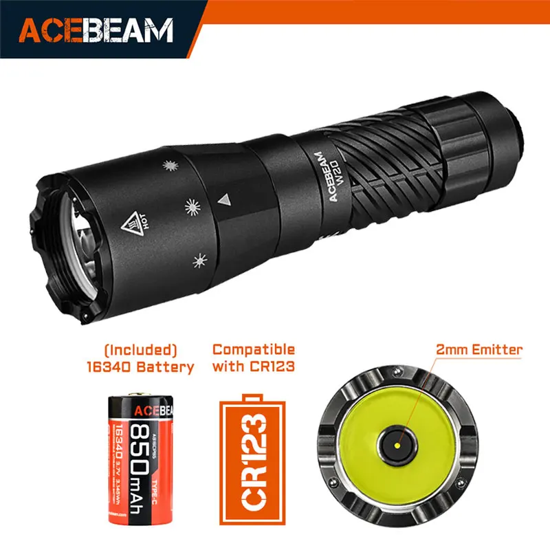 Фото Тактический фонарь ACEBEAM W20 LEP с дальним радиусом действия, совместимый с аккумуляторами 16340 CR123, перезаряжаемый через USB-C, для охоты, дальность до 1100 метров №1