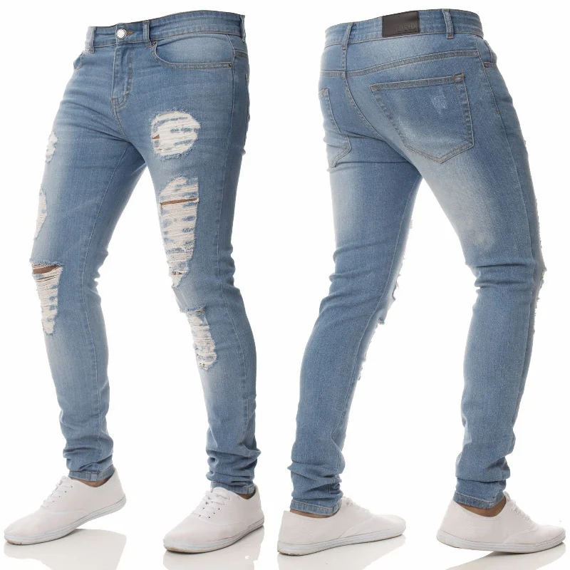 Mens Ripped Skinny Jeans Blue Slim Fit Hole Pencil Pants Biker Casual Trousers Streetwear High Quality Denim Man Clothing