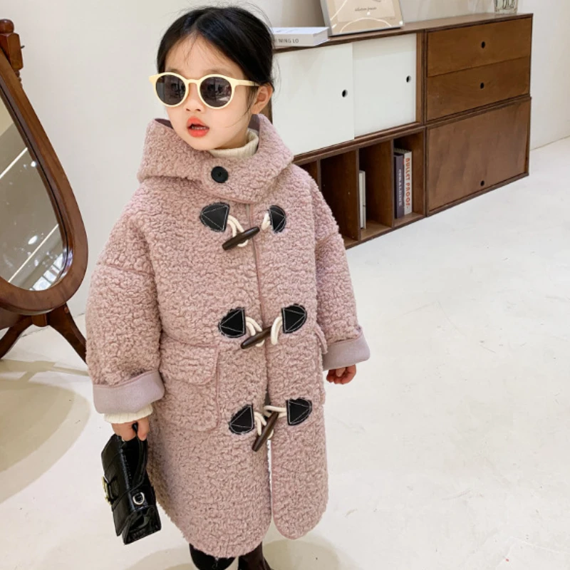 

Children Clothing 2022 Autumn Winter Korea Style Boys and Girls New Horn Buckle Hooded Lamb Wool Coat Winter Clothes Children