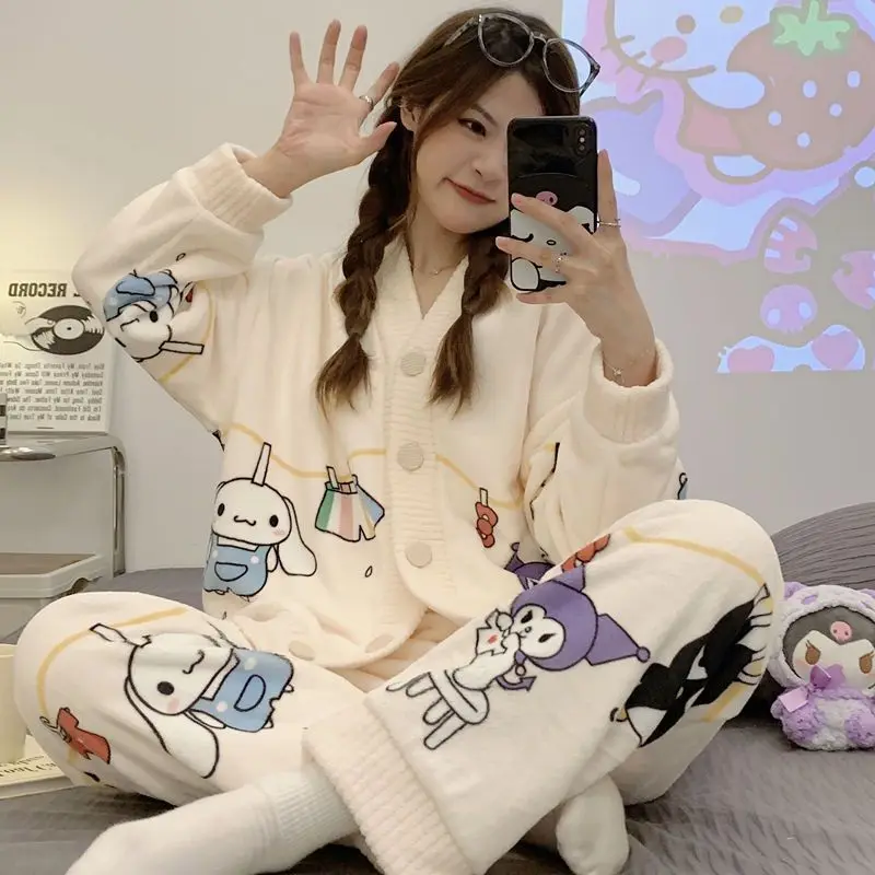

Мультяшная Милая кавайная Sanrioed Kuromi My Melody Cinnamoroll осенне-зимняя утепленная бархатная Пижама кораллового цвета женская одежда для отдыха