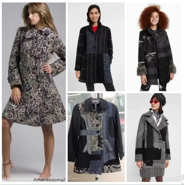 Foreign trade Spanish desigual women's coat coat embroidered print long winter thick warm wool coat stitching fashion