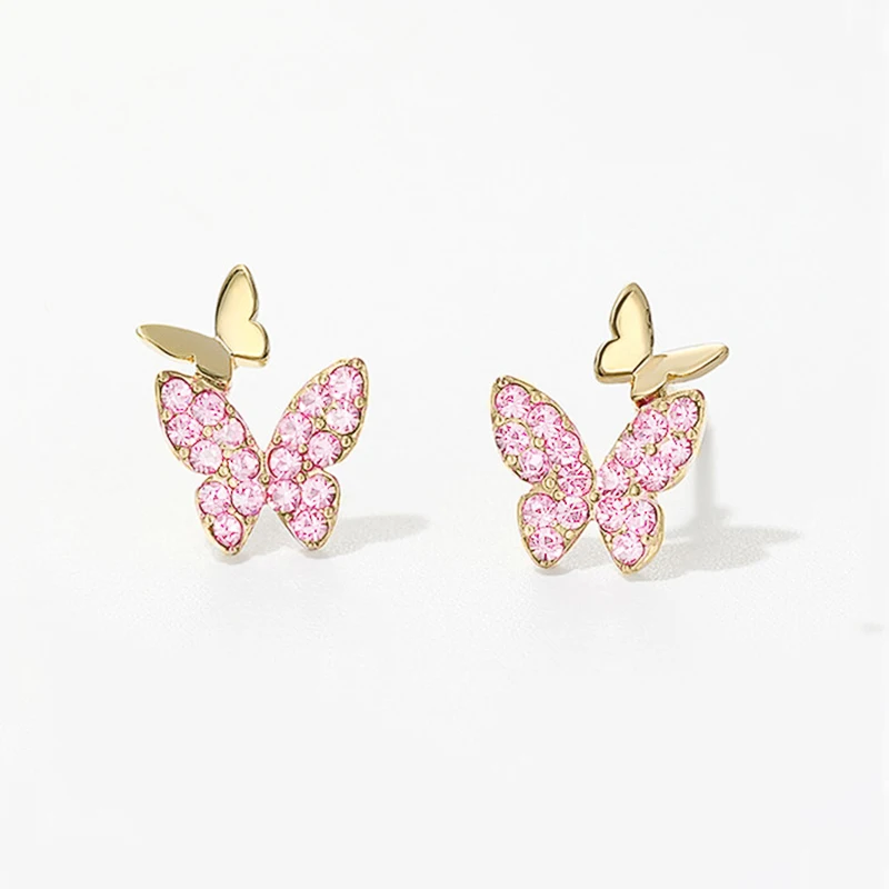 

New Korean Style Butterfly Stud Earrings for Women Pink/Purple/Green/Blue Cubic Zirconia Fresh Delicate Girl Earrings Jewelry