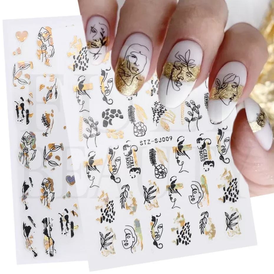 

NEW2023 Abstract Striping Line Nail Stickers Adhesive Sliders Black Rose Gold Leaves Geometric Decals Nails Art Decor LASTZ-SJ00