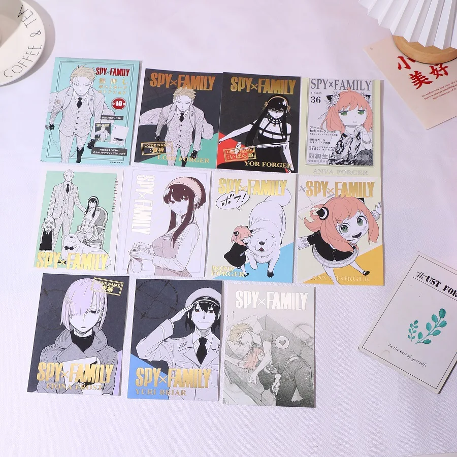

10 Sheets/Set Anime SPY x FAMILY Loid Forger Anya Forger Yor Forger Bronzing Process Postcard Greeting Cards Message Card