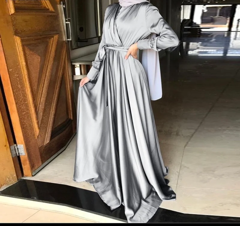 2022 Стильное женское платье в мусульманском стиле с длинным рукавом, повседневное вечерние сульманское вечернее платье с поясом, абайя, кафт...