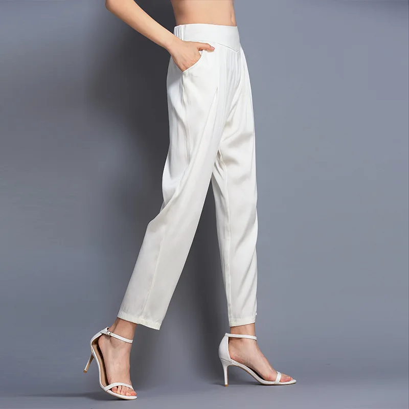 100% Mulberry Real Silk Pants Women Clothes 2023 Summer Elastic Waist Casual Haren Pants High Waist Trousers Ladies Pantalones